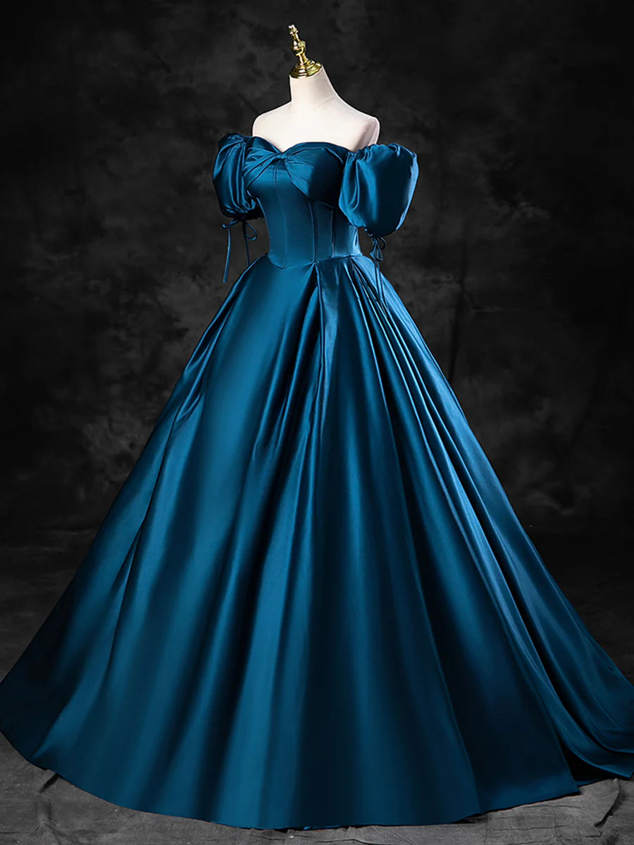 Blue Satin Bow Off the Shoulder A-Line  Floor Length Prom Dress Party Dress