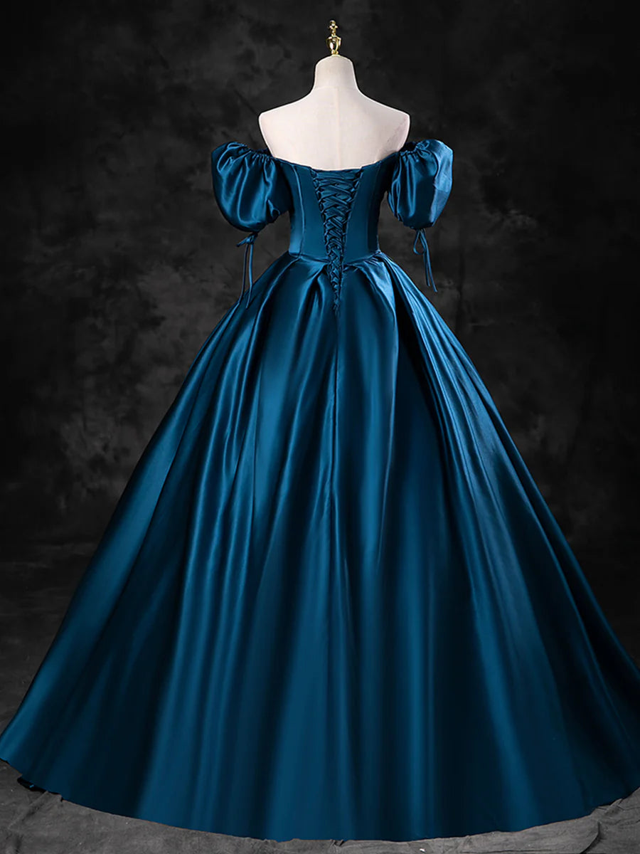 Blue Satin Bow Off the Shoulder A-Line  Floor Length Prom Dress Party Dress