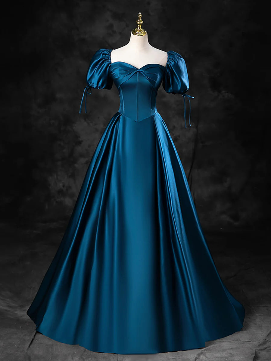 Blue Satin Bow Off the Shoulder A-Line  Floor Length Prom Dress Party Dress