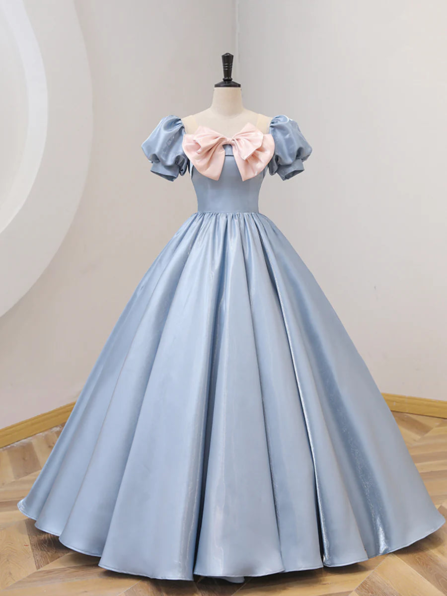 Blue Satin Floor Length Prom Dress With Bow A-Line Formal Evening Dress Discount Long Party Dress