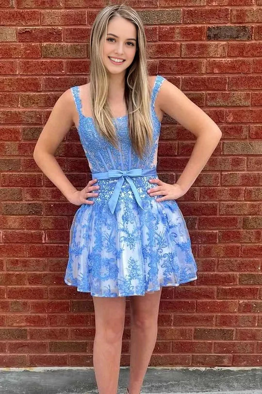 Blue Satin Lace A-Line Straps Appliques Empire-Waist Short Homecoming Dress With Waist