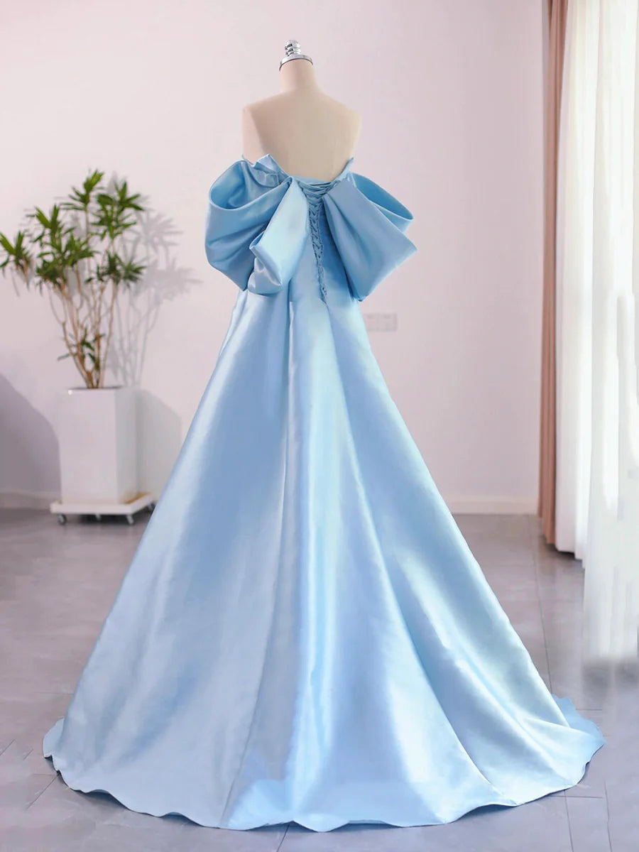 Blue Satin Off-the-Shoulder Floor Length Prom Dress Off the Shoulder Evening Party Dress With Short Train