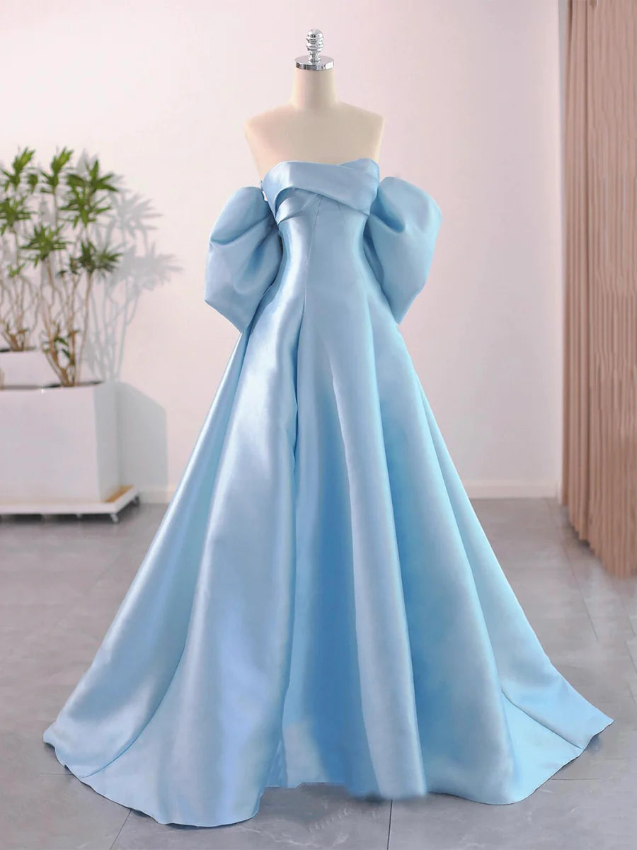 Blue Satin Off-the-Shoulder Floor Length Prom Dress Off the Shoulder Evening Party Dress With Short Train