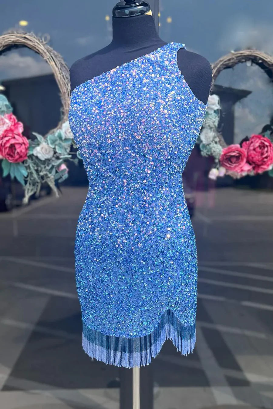 Blue Satin Sequins One Shoulder Sleeveless Homecoming Cocktail Dress With Fringed Hem