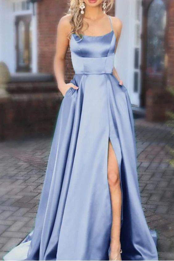 Blue Satin Spaghetti Straps Bridesmaid Dresses Long Slit Formal Prom Dresses With Sweep Train