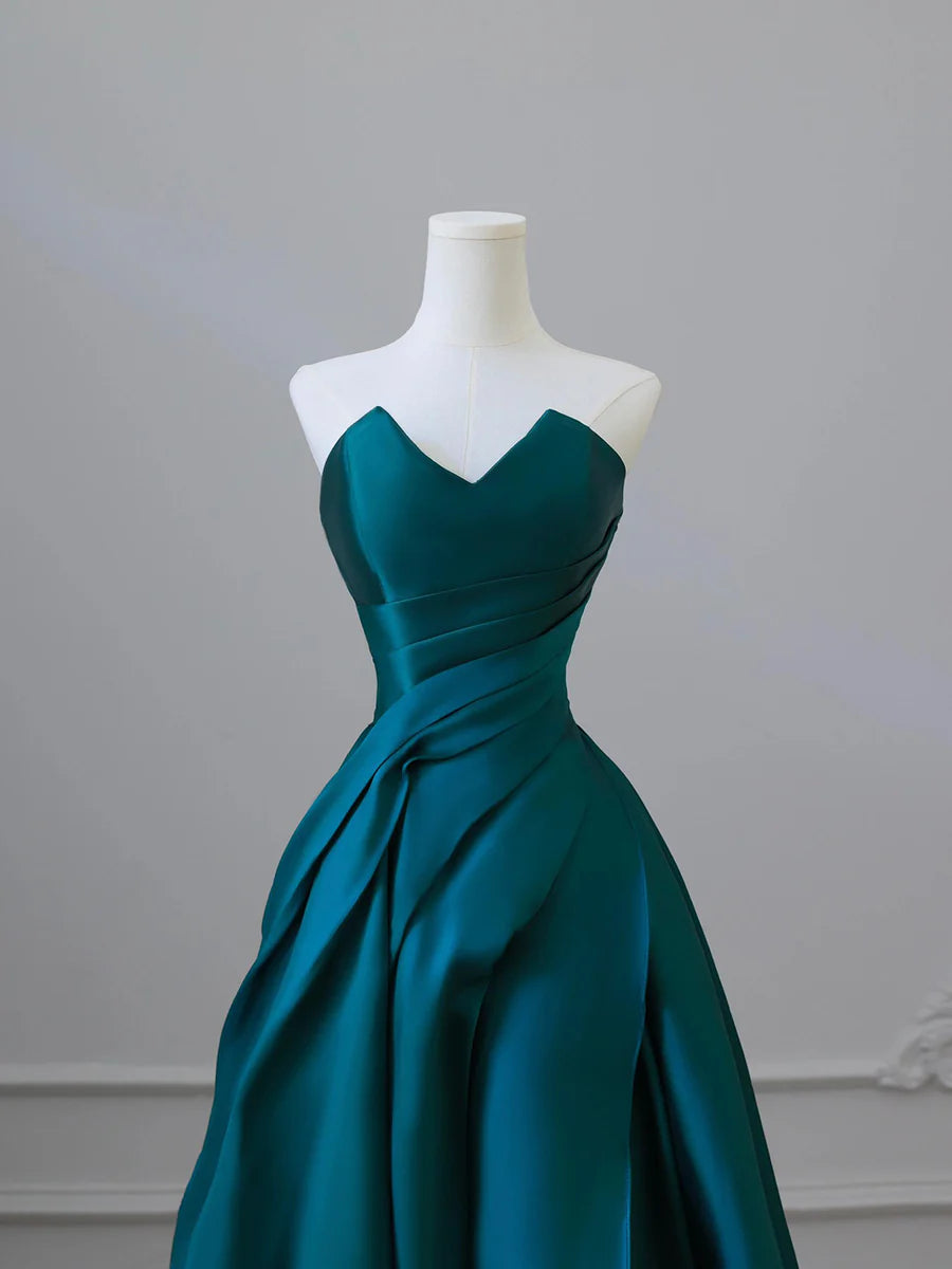 Blue Satin Strapless V Neck Sleeveless A-Line Floor Length Prom Dress Evening Party Dress