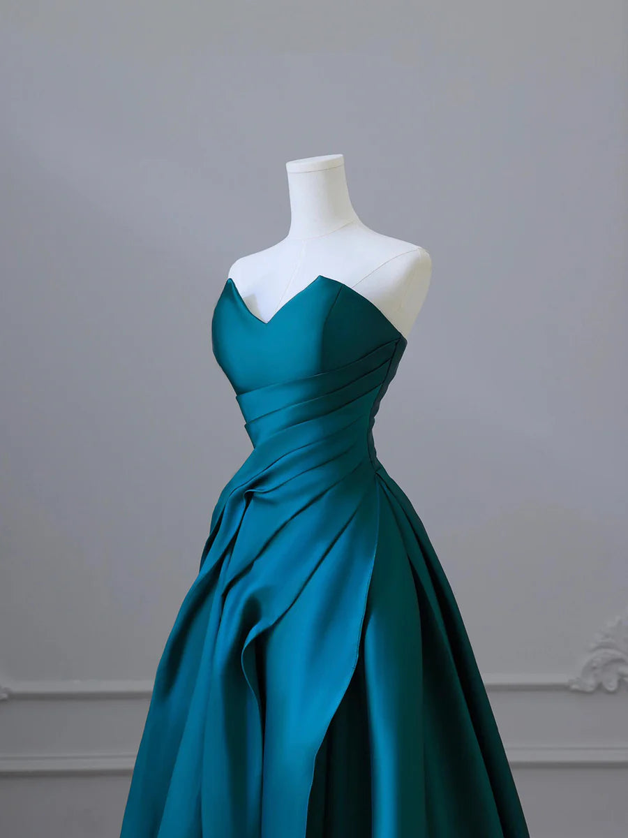 Blue Satin Strapless V Neck Sleeveless A-Line Floor Length Prom Dress Evening Party Dress