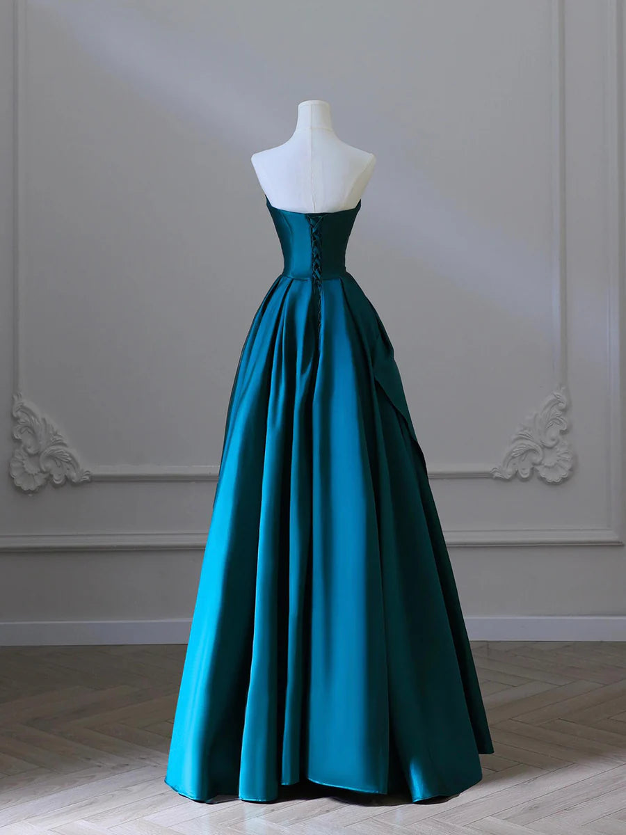 Blue Satin Strapless V Neck Sleeveless A-Line Floor Length Prom Dress Evening Party Dress