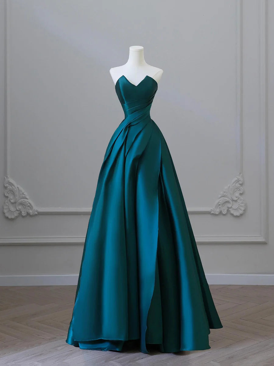 Blue Satin Strapless V Neck Sleeveless A-Line Floor Length Prom Dress Evening Party Dress