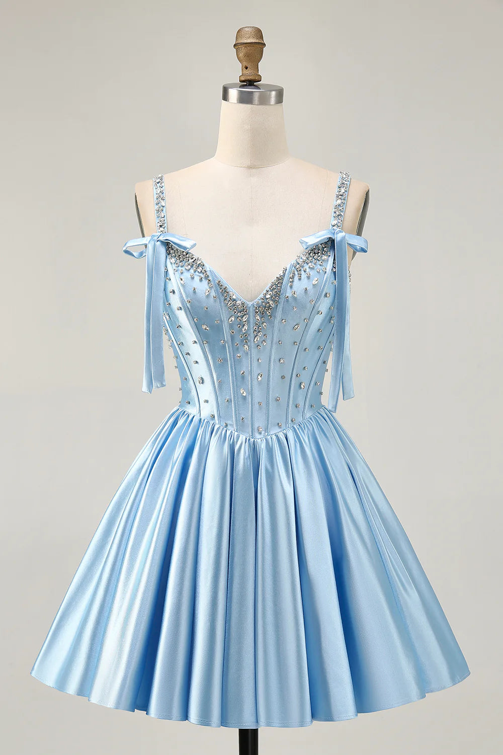 Blue Satin V Neck Beaded Corset A Line Short Homecoming Dress Party Dress With Bows