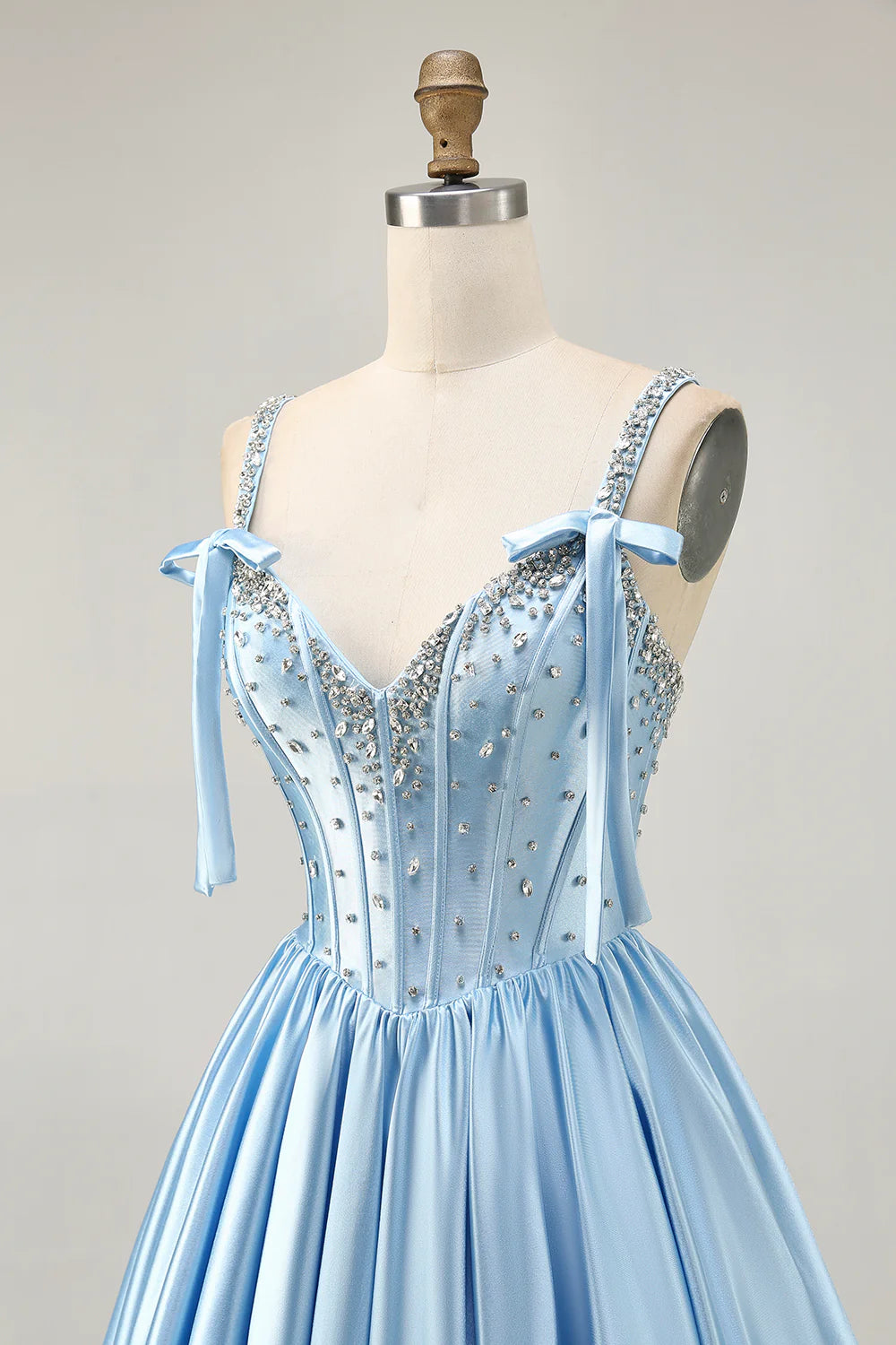 Blue Satin V Neck Beaded Corset A Line Short Homecoming Dress Party Dress With Bows
