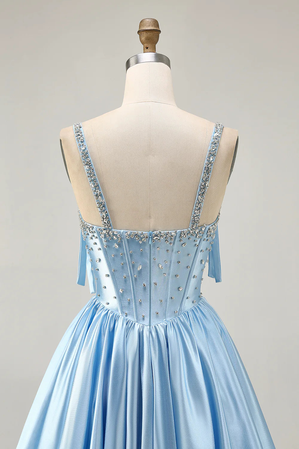 Blue Satin V Neck Beaded Corset A Line Short Homecoming Dress Party Dress With Bows