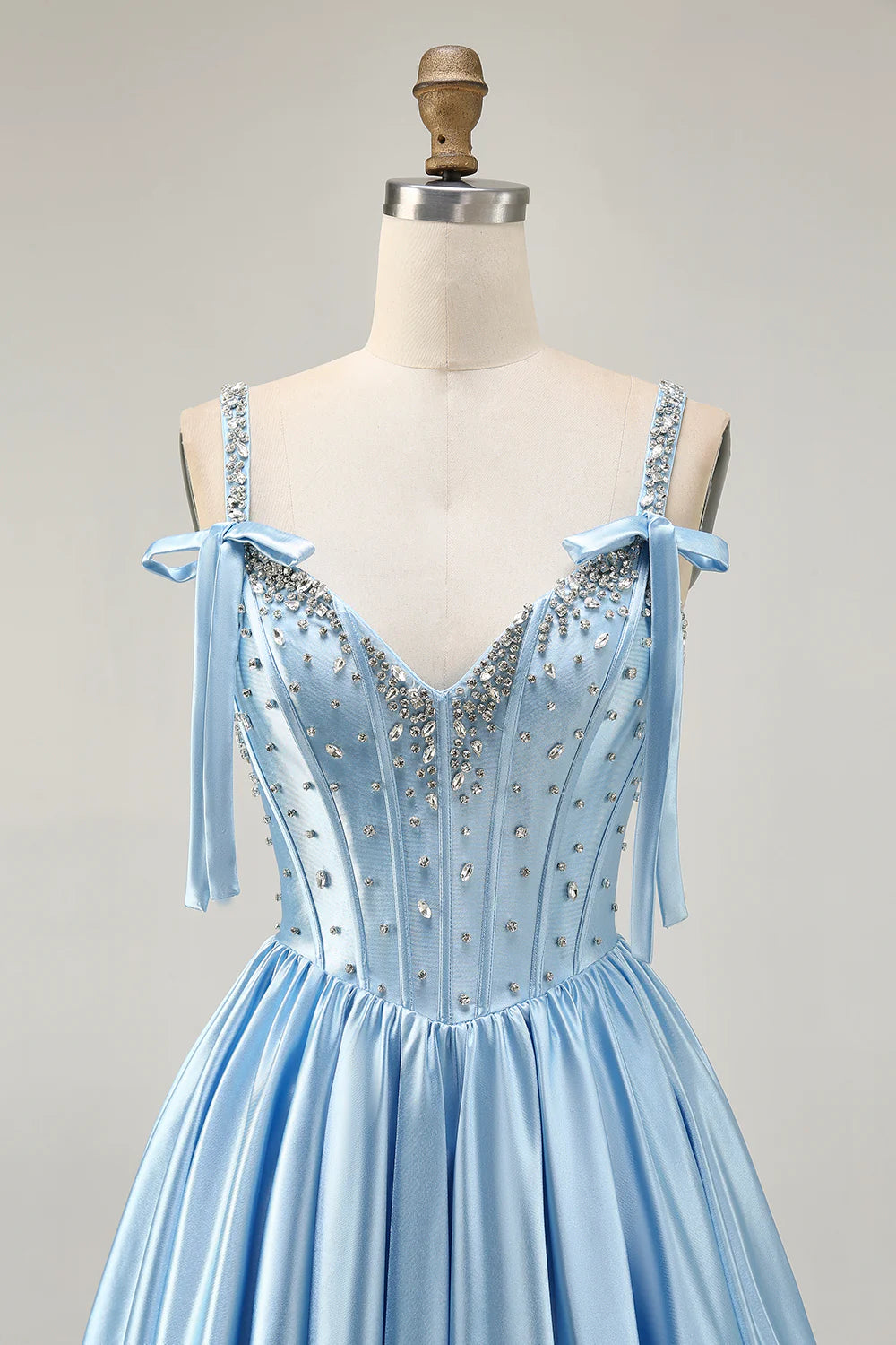 Blue Satin V Neck Beaded Corset A Line Short Homecoming Dress Party Dress With Bows