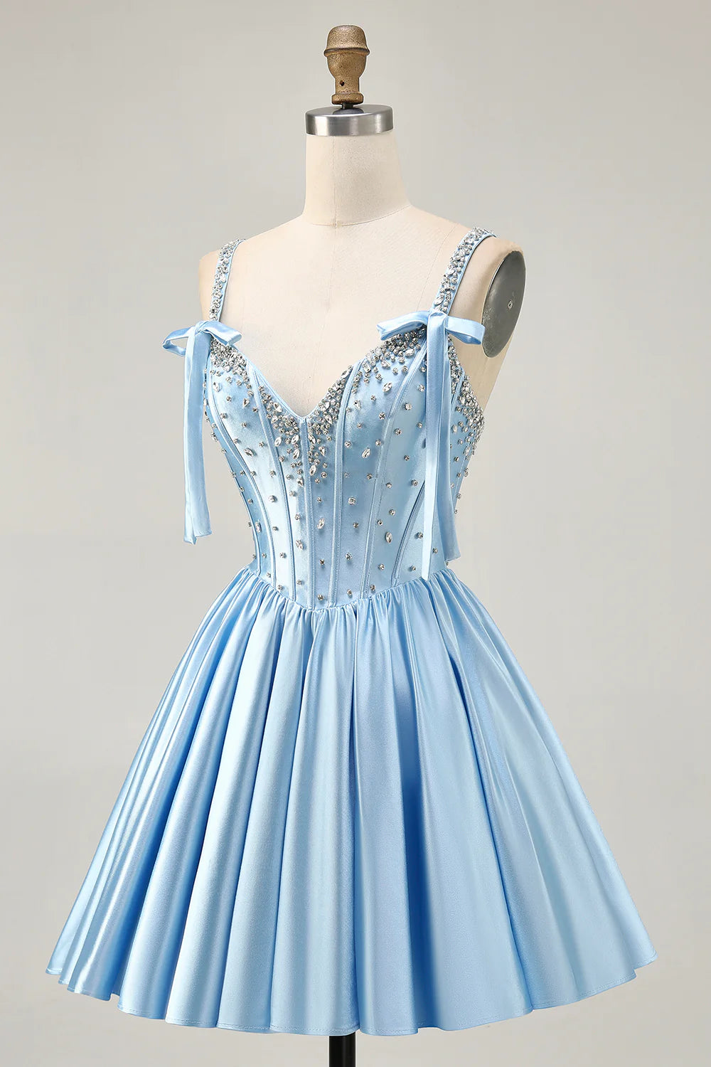 Blue Satin V Neck Beaded Corset A Line Short Homecoming Dress Party Dress With Bows