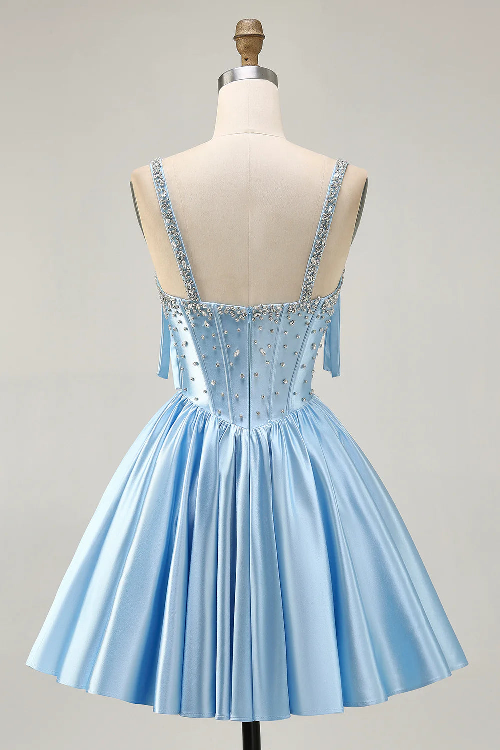 Blue Satin V Neck Beaded Corset A Line Short Homecoming Dress Party Dress With Bows