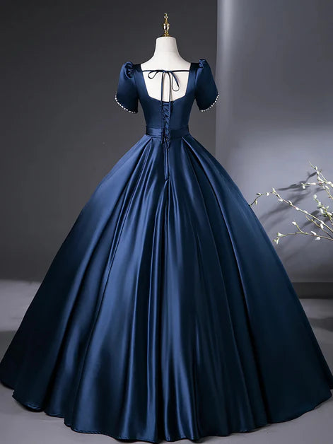 Blue Satin V Neck Short Sleeves Beaded Floor Length Party Dress Prom Dress