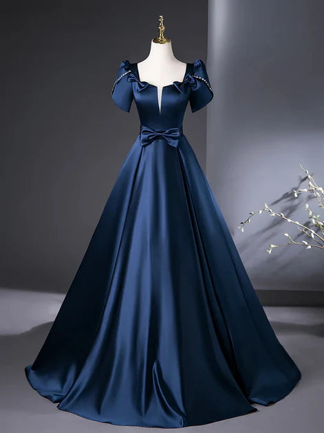 Blue Satin V Neck Short Sleeves Beaded Floor Length Party Dress Prom Dress