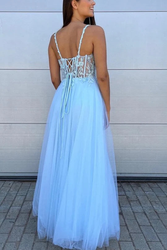 Blue Spaghetti Straps V-Neck Appliques Long Prom Dress with Slit