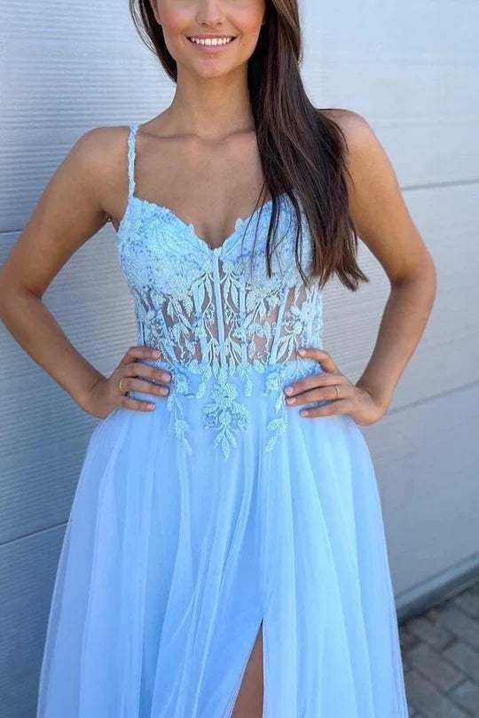 Blue Spaghetti Straps V-Neck Appliques Long Prom Dress with Slit