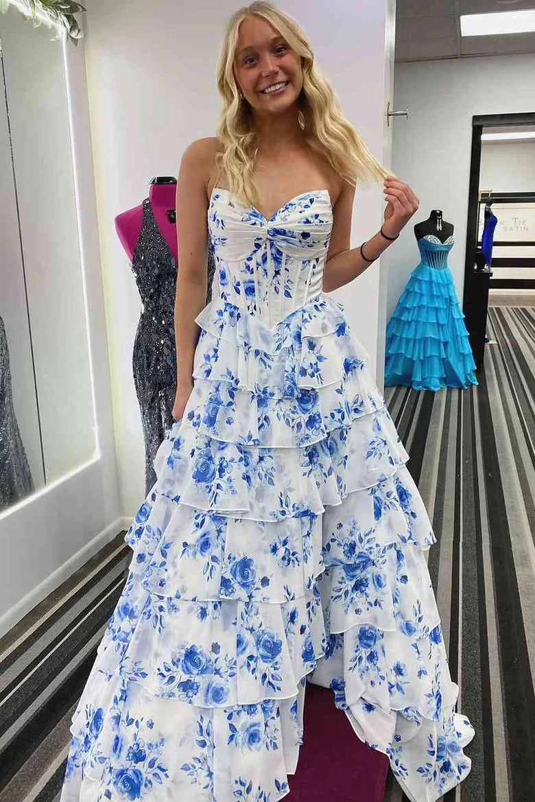 Blue Strapless A-Line V-Neck Tiered Printing Long Prom Dress