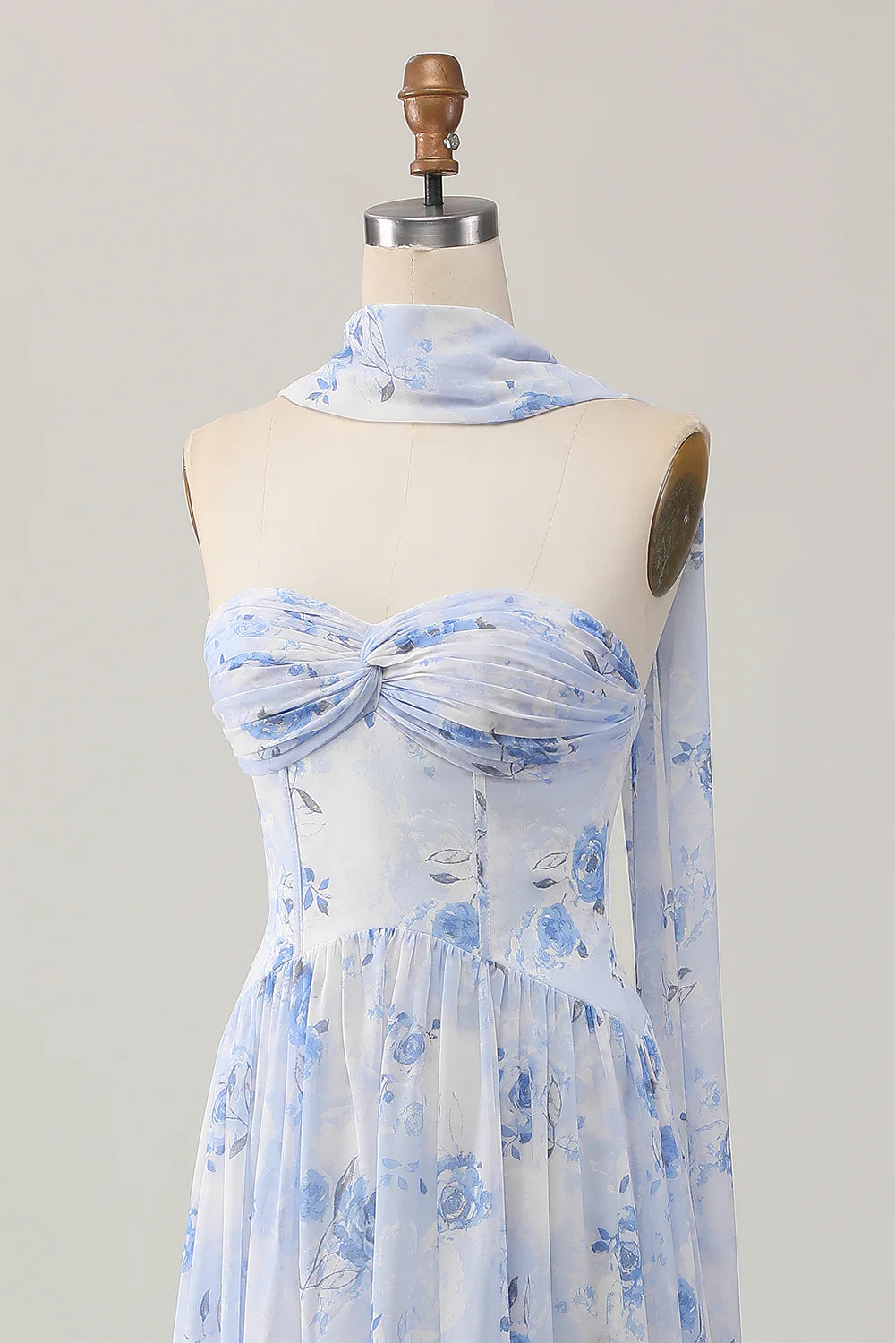 Blue Strapless Printed Flower A-Line Floor Length Wedding Guest Dress Party Dress With Slit
