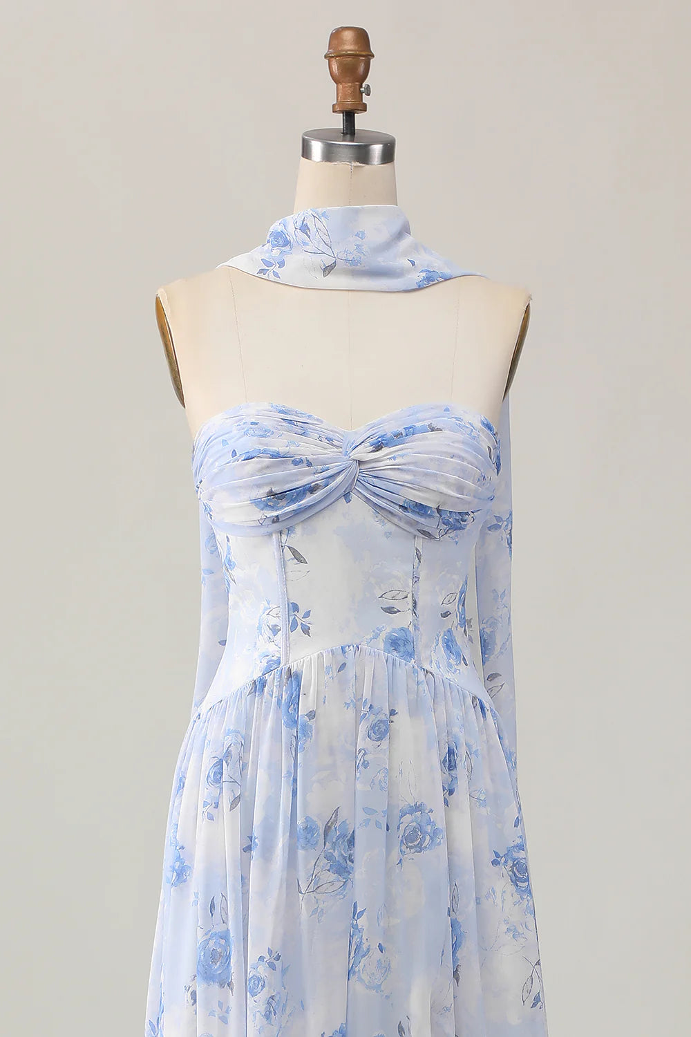 Blue Strapless Printed Flower A-Line Floor Length Wedding Guest Dress Party Dress With Slit