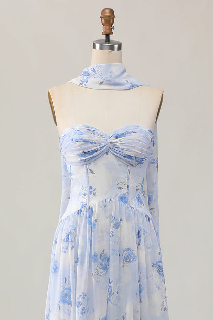 Blue Strapless Printed Flower A-Line Floor Length Wedding Guest Dress Party Dress With Slit