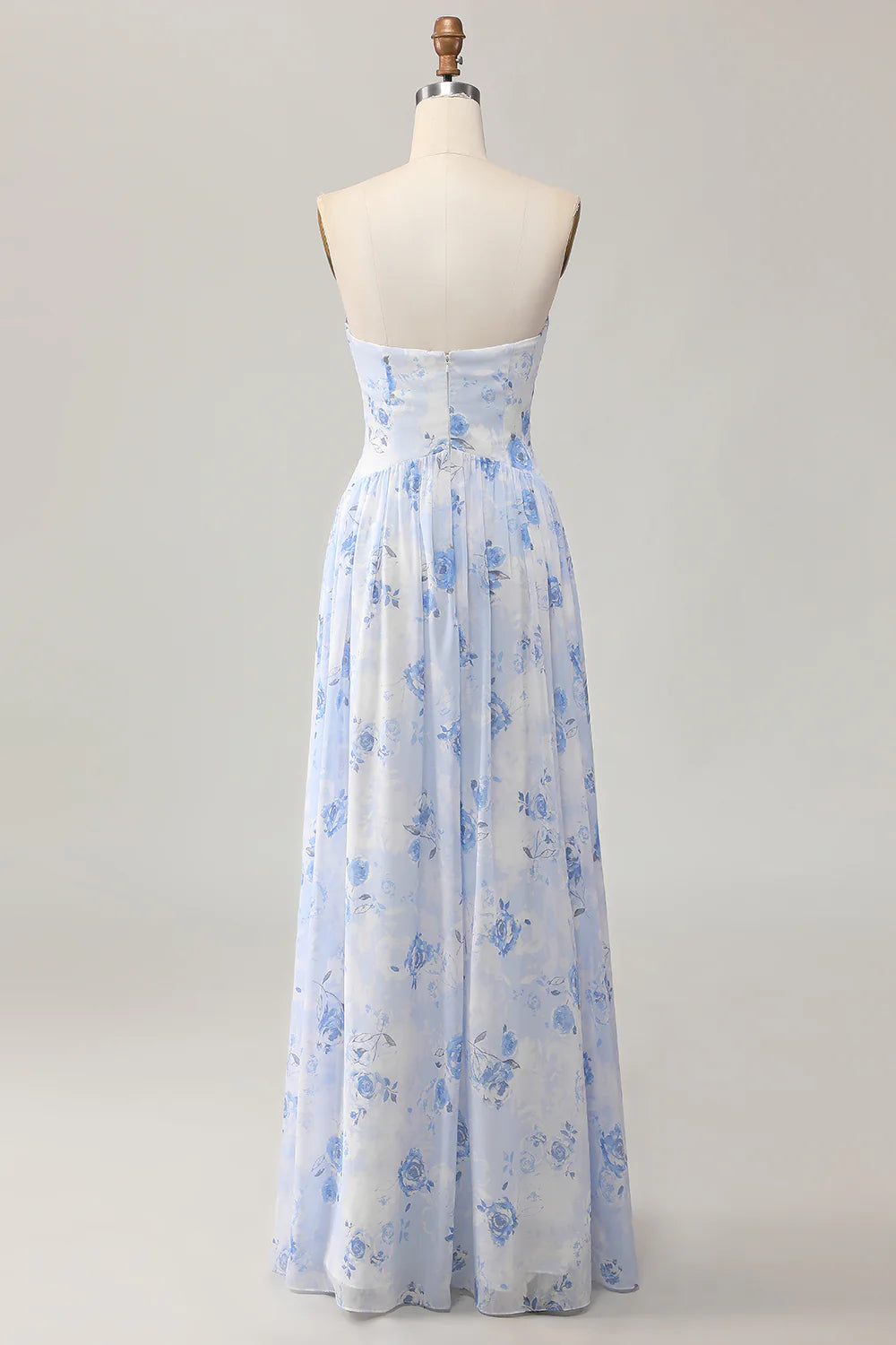 Blue Strapless Printed Flower A-Line Floor Length Wedding Guest Dress Party Dress With Slit