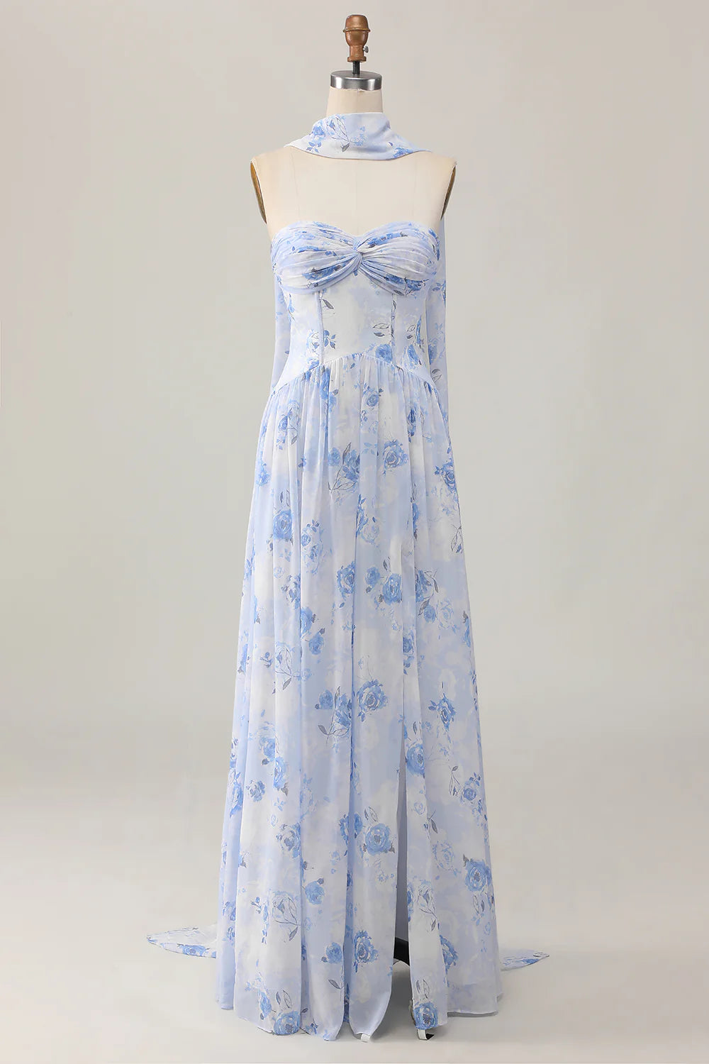 Blue Strapless Printed Flower A-Line Floor Length Wedding Guest Dress Party Dress With Slit