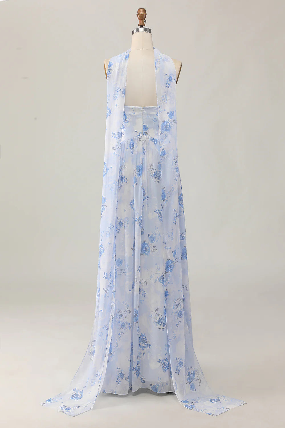Blue Strapless Printed Flower A-Line Floor Length Wedding Guest Dress Party Dress With Slit