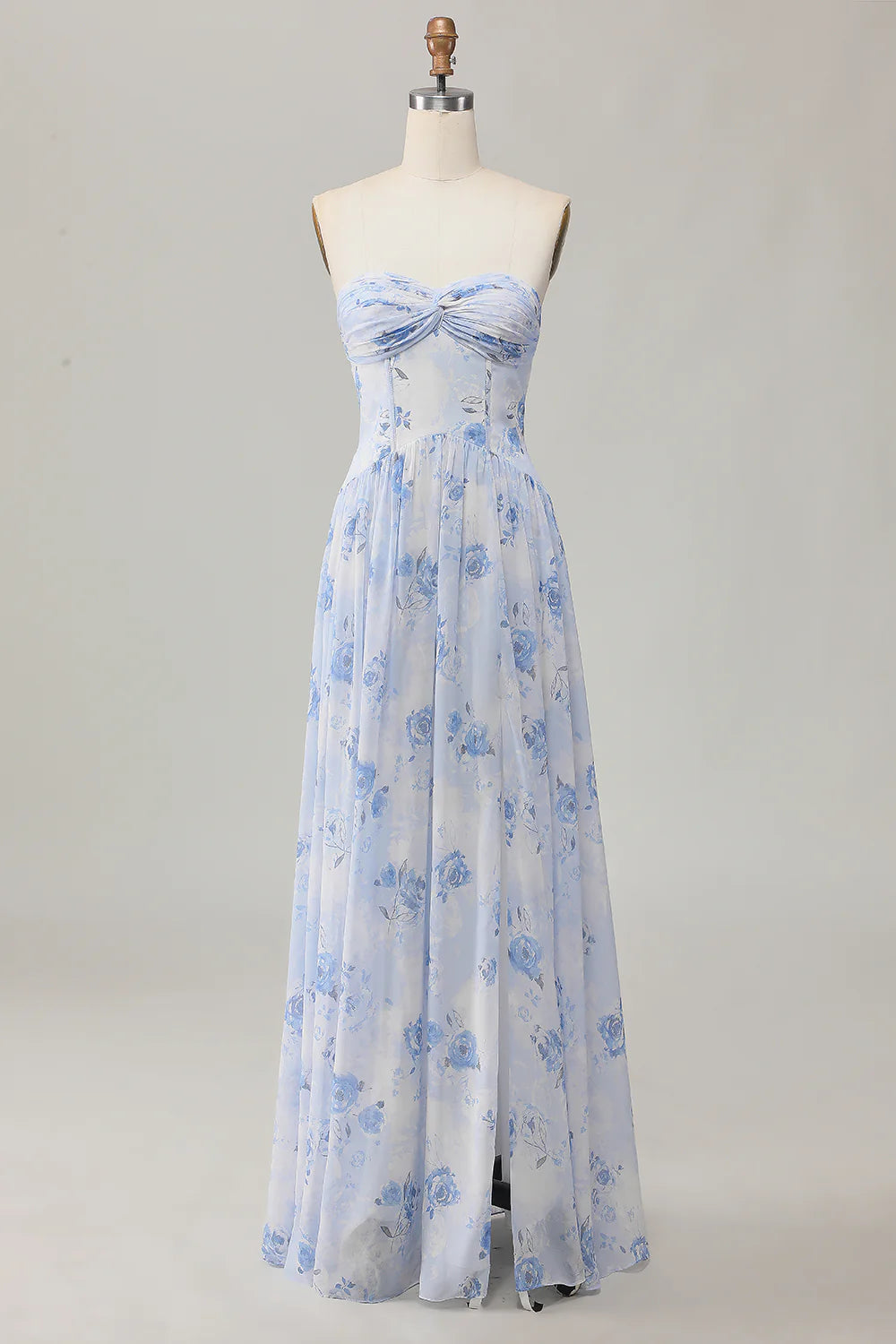 Blue Strapless Printed Flower A-Line Floor Length Wedding Guest Dress Party Dress With Slit