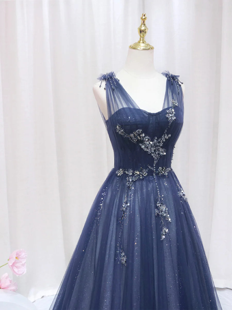 Blue Tulle Beaded Floor Length Long Prom Dress Evening Party Dress