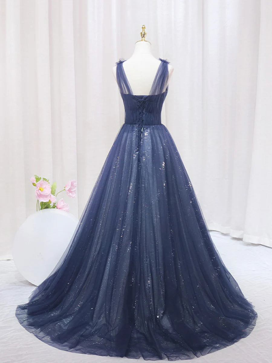Blue Tulle Beaded Floor Length Long Prom Dress Evening Party Dress