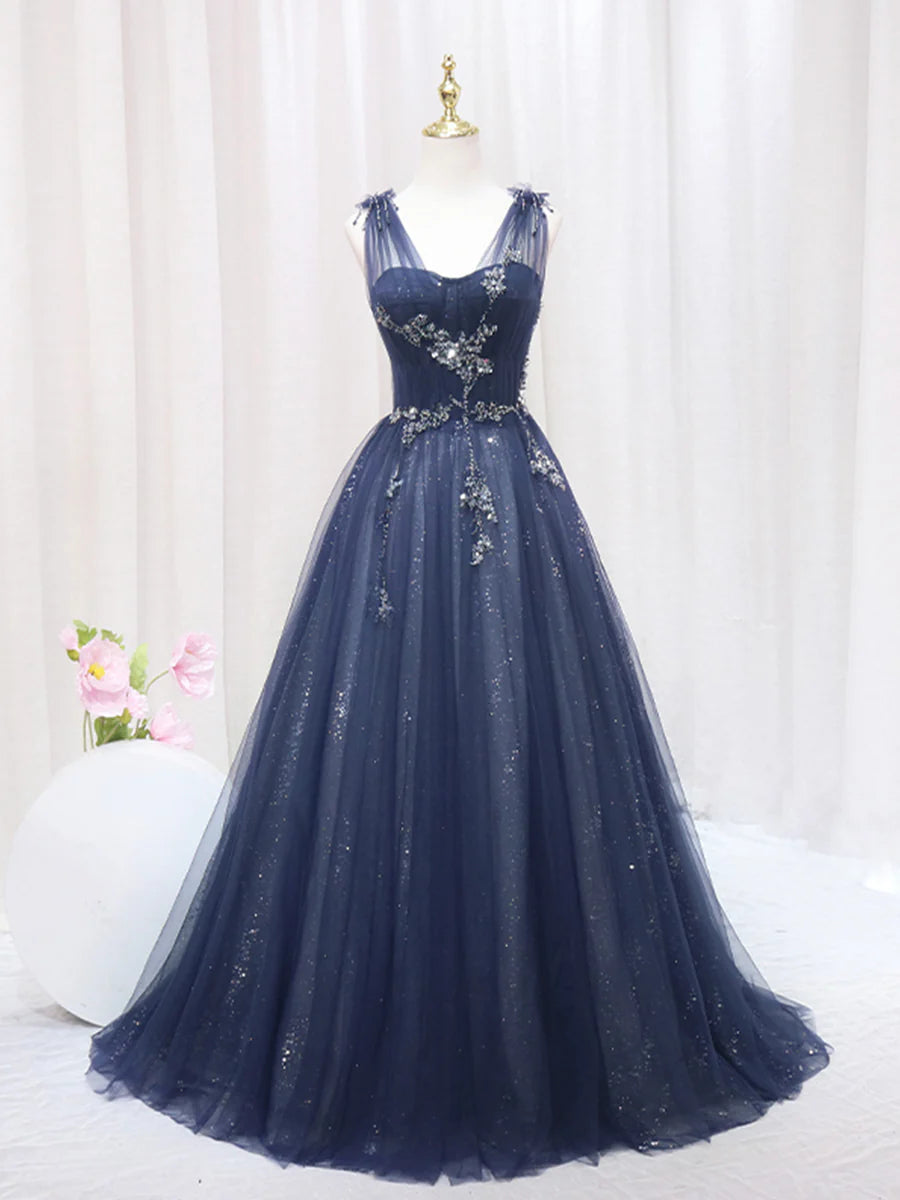 Blue Tulle Beaded Floor Length Long Prom Dress Evening Party Dress