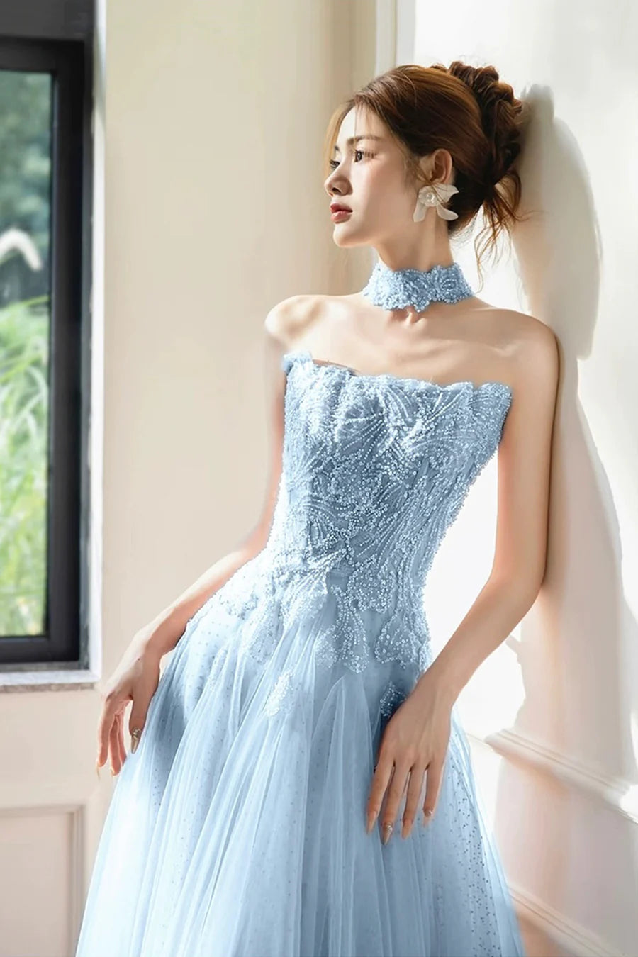 Blue Tulle Beaded Sleeveless A-Line Floor Length Prom Dress Evening Party Dress