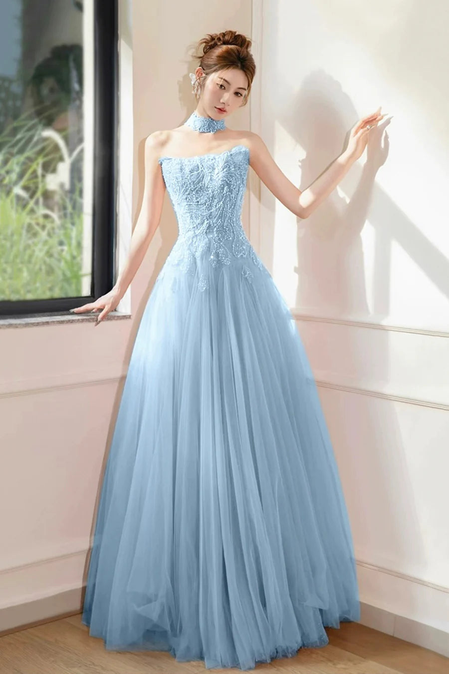 Blue Tulle Beaded Sleeveless A-Line Floor Length Prom Dress Evening Party Dress