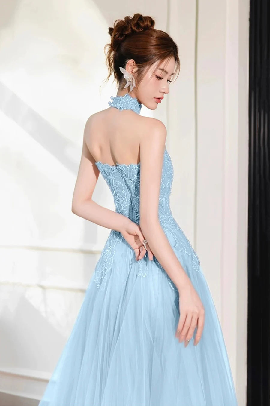 Blue Tulle Beaded Sleeveless A-Line Floor Length Prom Dress Evening Party Dress