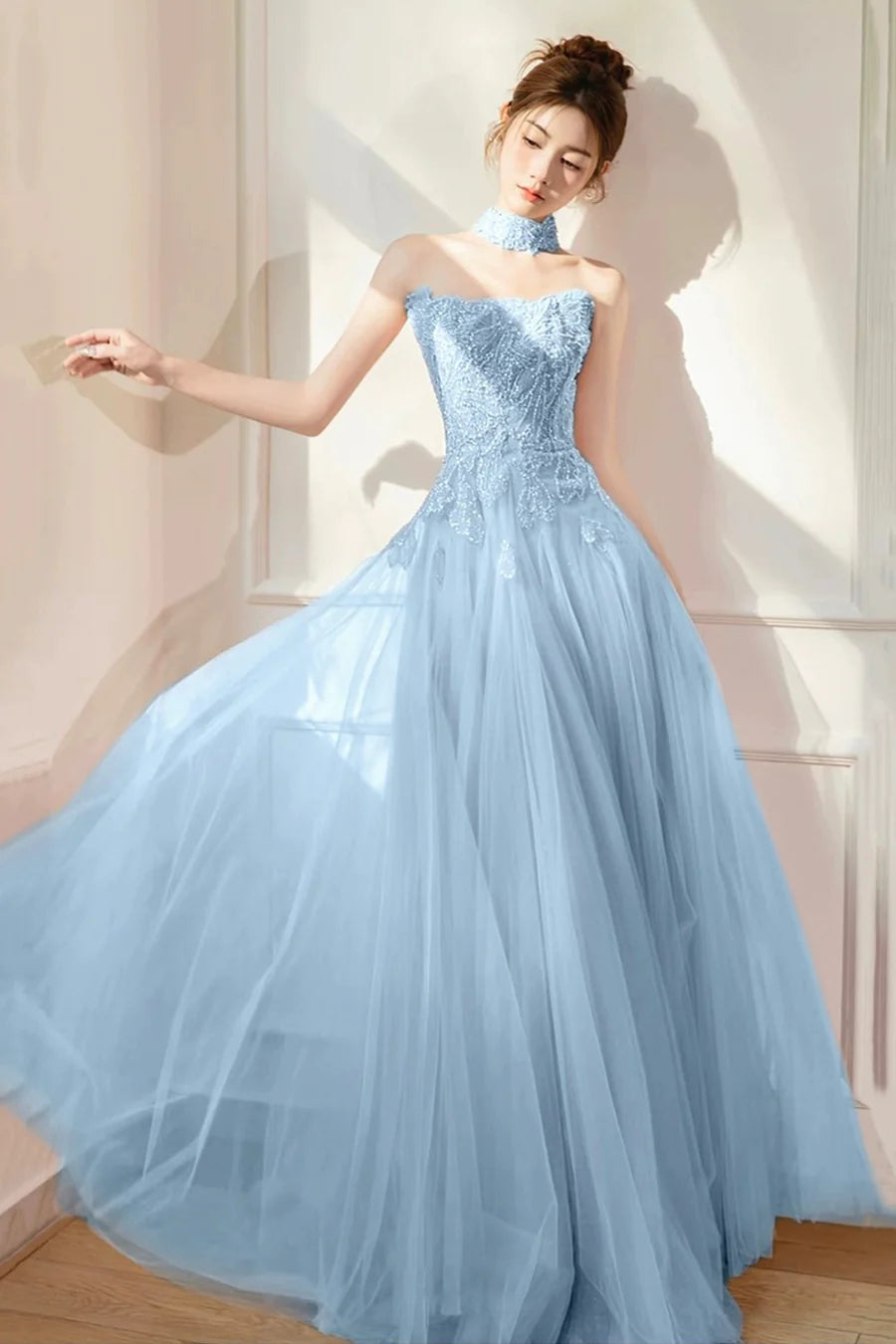 Blue Tulle Beaded Sleeveless A-Line Floor Length Prom Dress Evening Party Dress