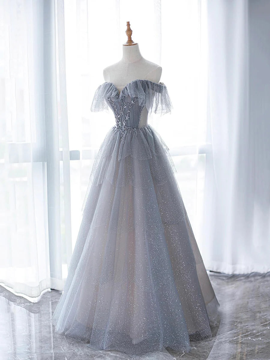 Blue Tulle Beaded Tiered Sweetheart Neck A-Line Long Prom Party Dress Formal Dress