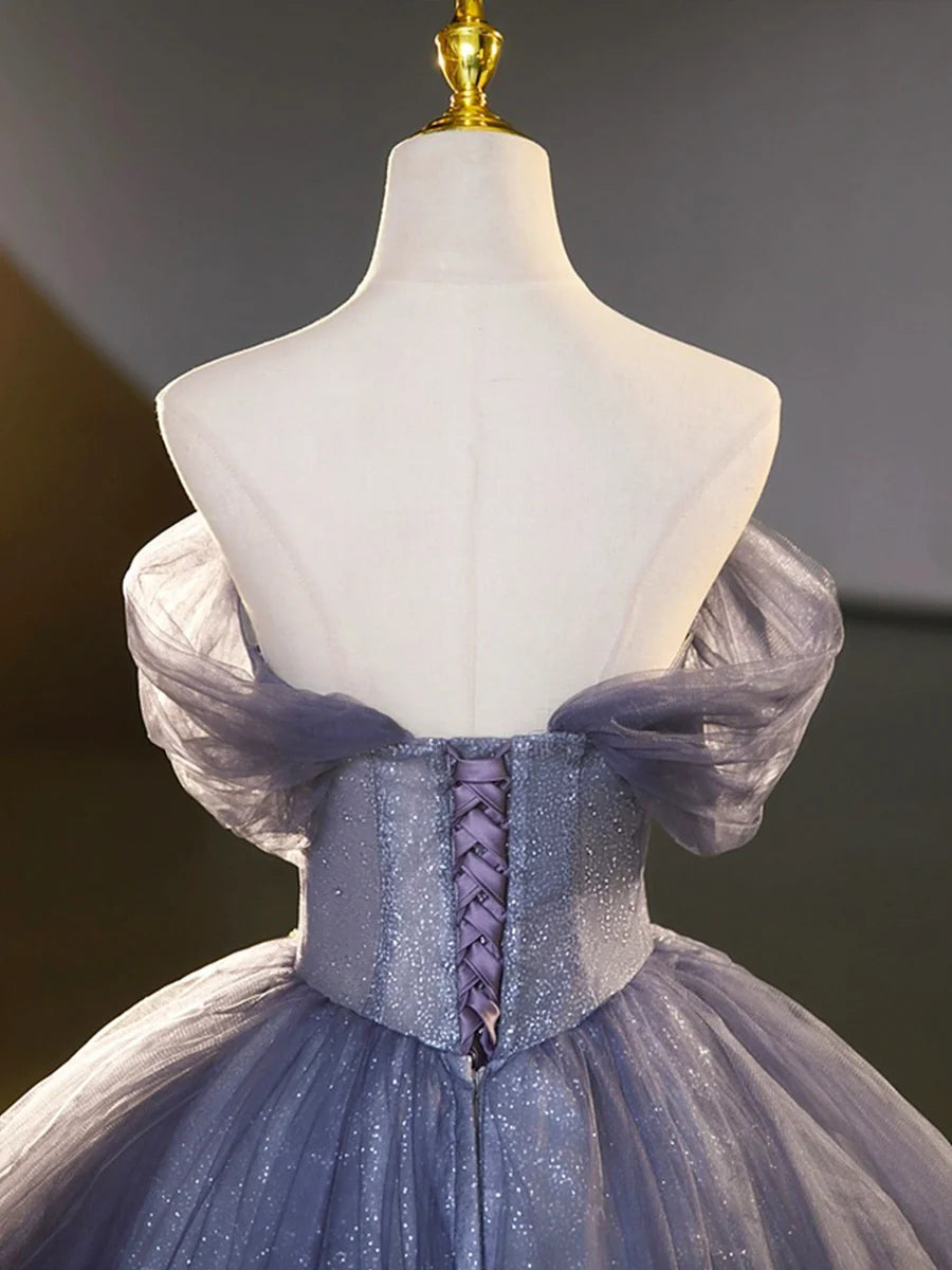 Blue Tulle Beading Sequins Sweetheart Neck Off the Shoulder Long Prom Dresses Party Dresses