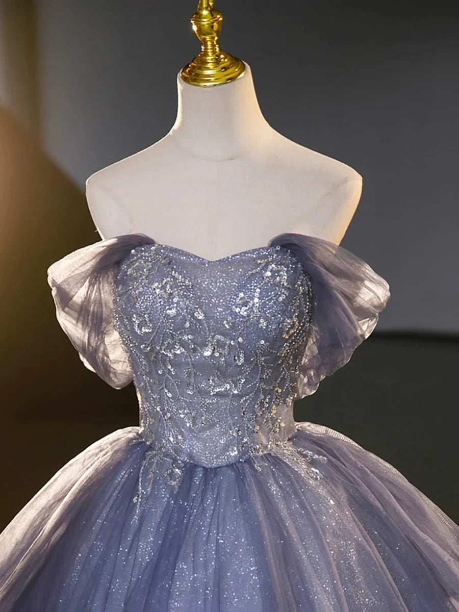 Blue Tulle Beading Sequins Sweetheart Neck Off the Shoulder Long Prom Dresses Party Dresses