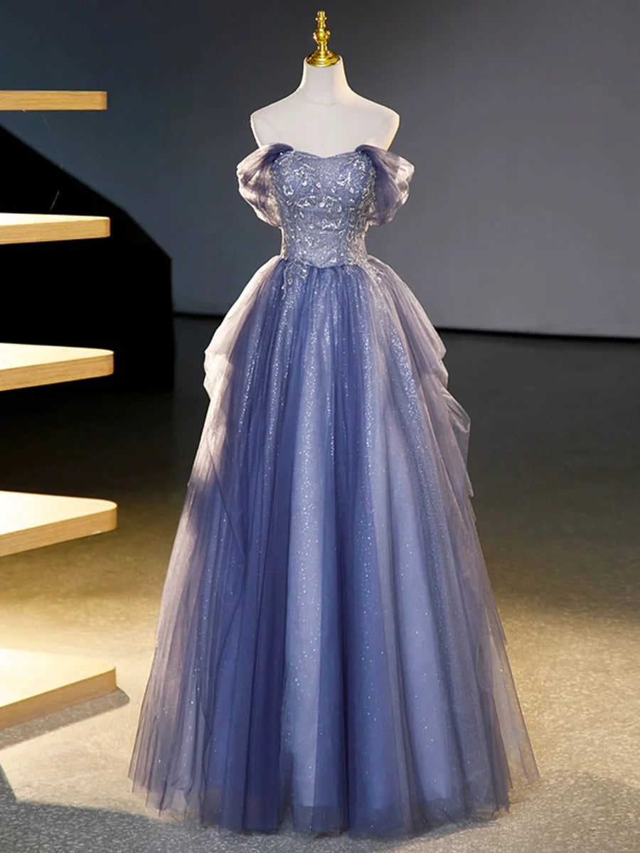 Blue Tulle Beading Sequins Sweetheart Neck Off the Shoulder Long Prom Dresses Party Dresses
