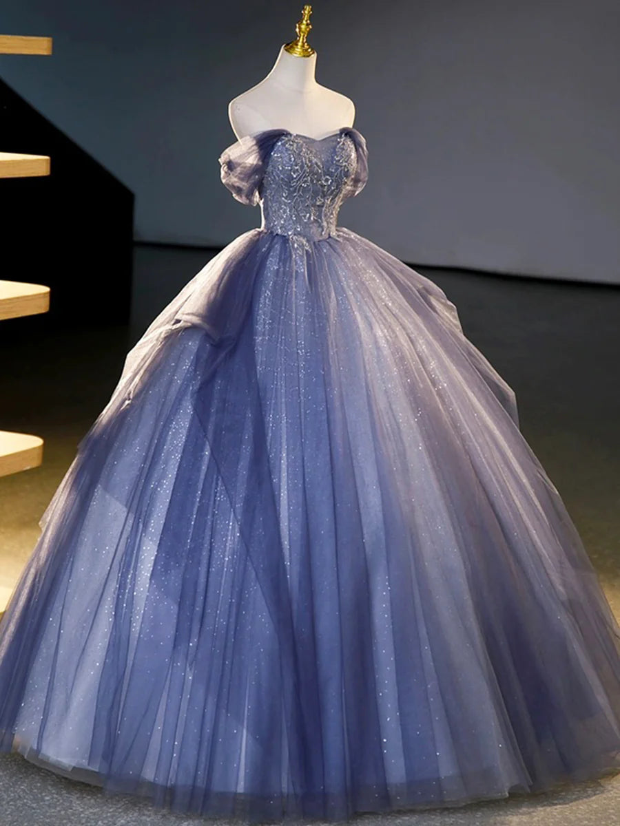 Blue Tulle Beading Sequins Sweetheart Neck Off the Shoulder Long Prom Dresses Party Dresses