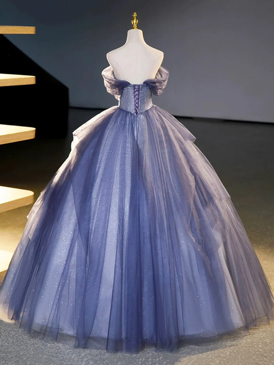 Blue Tulle Beading Sequins Sweetheart Neck Off the Shoulder Long Prom Dresses Party Dresses