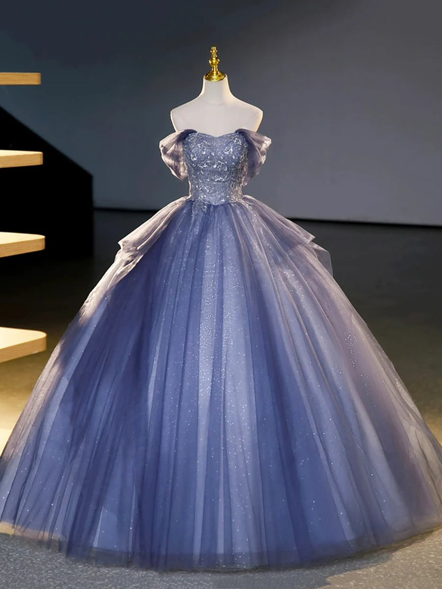Blue Tulle Beading Sequins Sweetheart Neck Off the Shoulder Long Prom Dresses Party Dresses