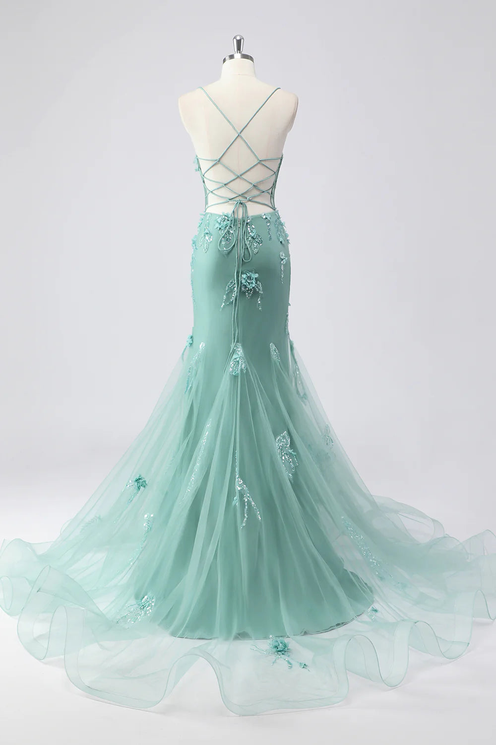 Blue Tulle Corset Mermaid Spaghetti Straps Long Prom Dress With Beaded Applique