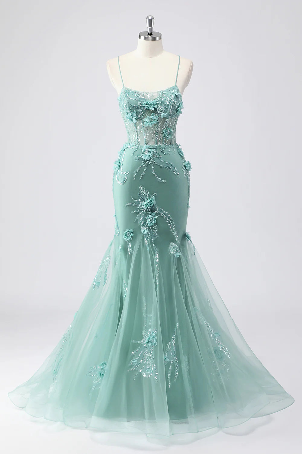 Blue Tulle Corset Mermaid Spaghetti Straps Long Prom Dress With Beaded Applique