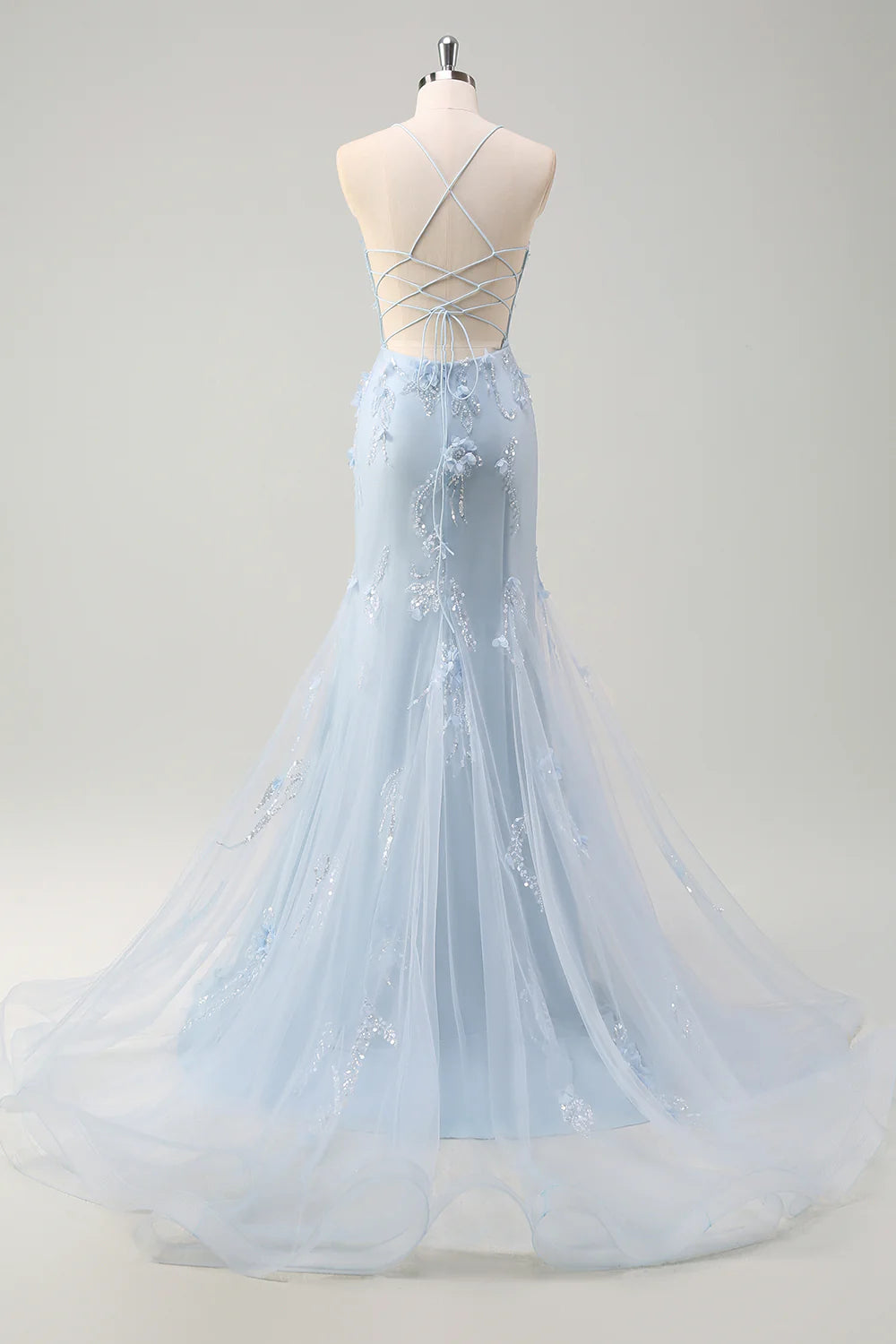 Blue Tulle Corset Mermaid Spaghetti Straps Long Prom Dress With Beaded Applique