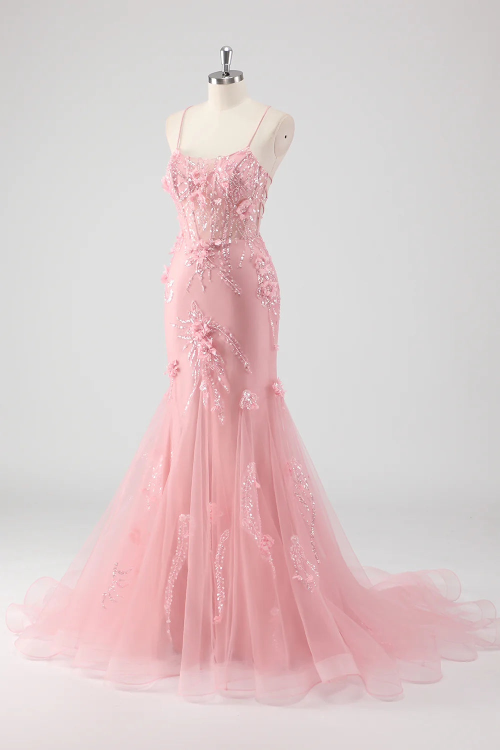 Blue Tulle Corset Mermaid Spaghetti Straps Long Prom Dress With Beaded Applique