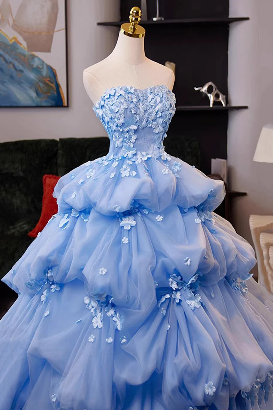 Blue Tulle Flowers Strapless Multi layered A-line Long Prom Dress Evening Party Dress